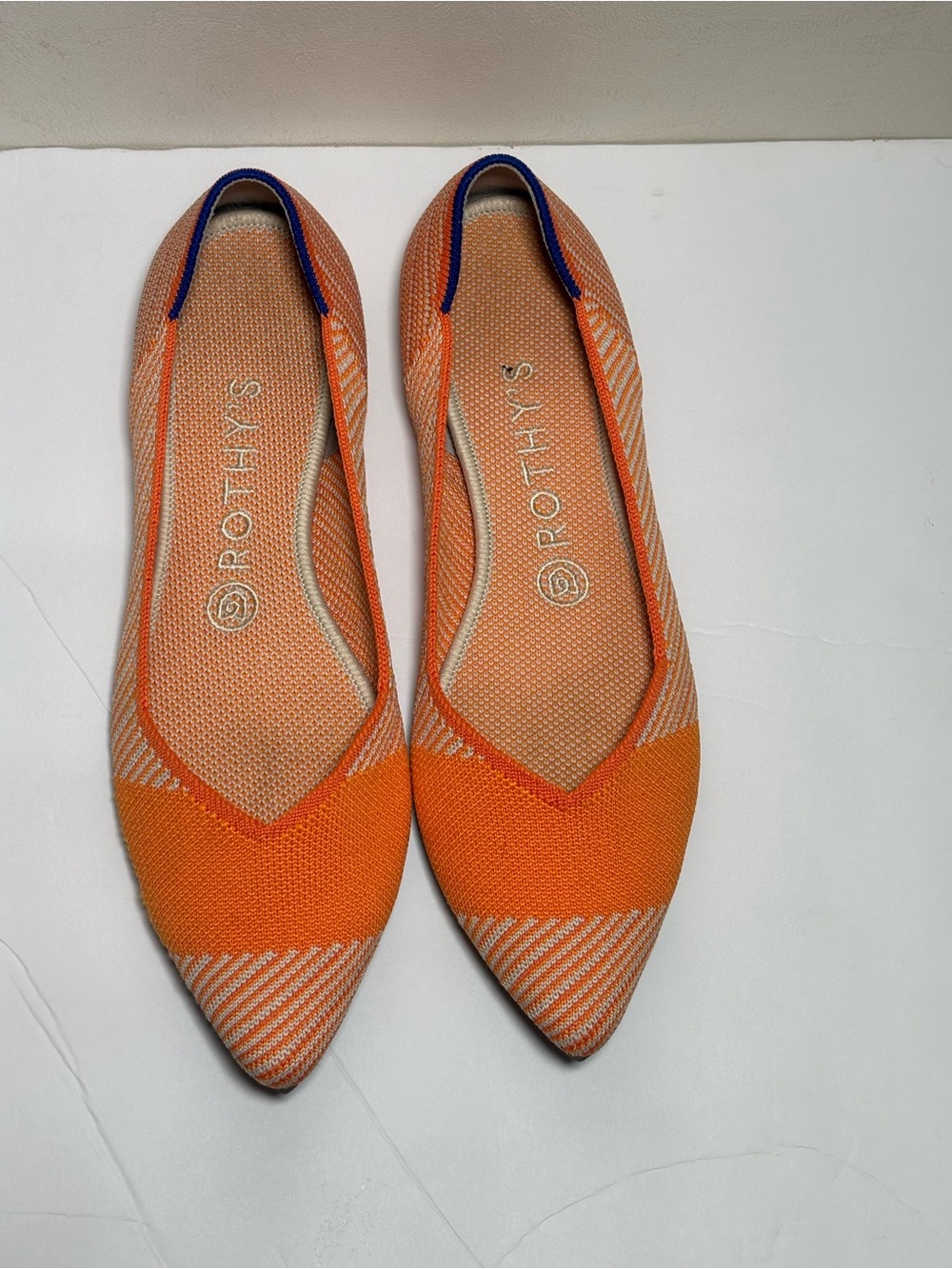 Rothy's Orange Pointed Knit Slip-On Flats with Blue Trim